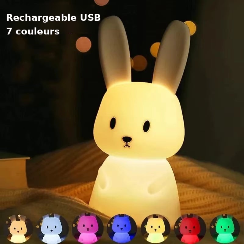 Veilleuse LED lapin rechargeable, 7 couleurs