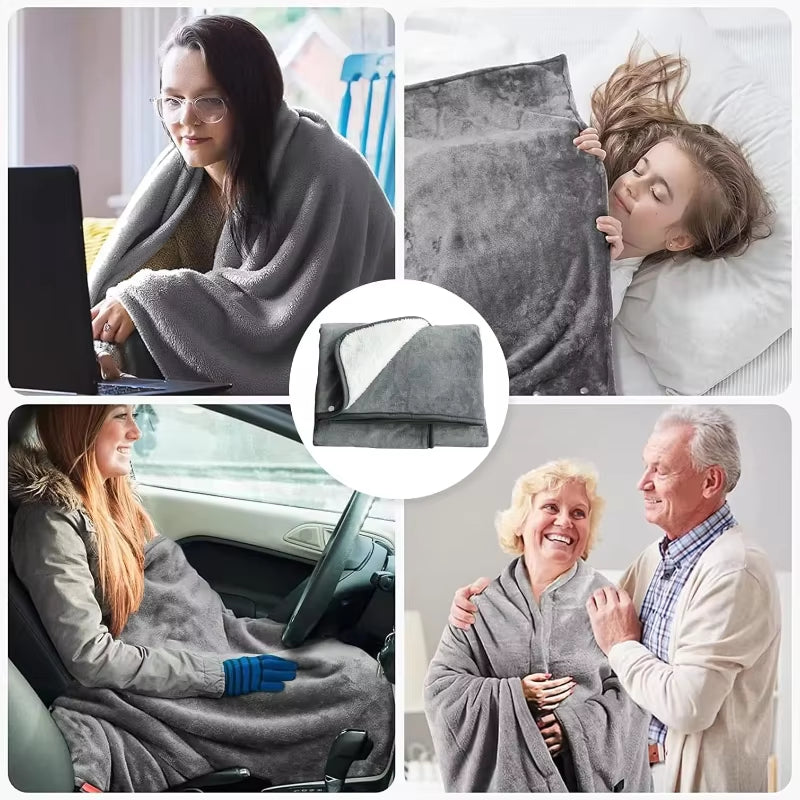 Plaid chauffant gris utilisé au bureau, au lit et en voiture