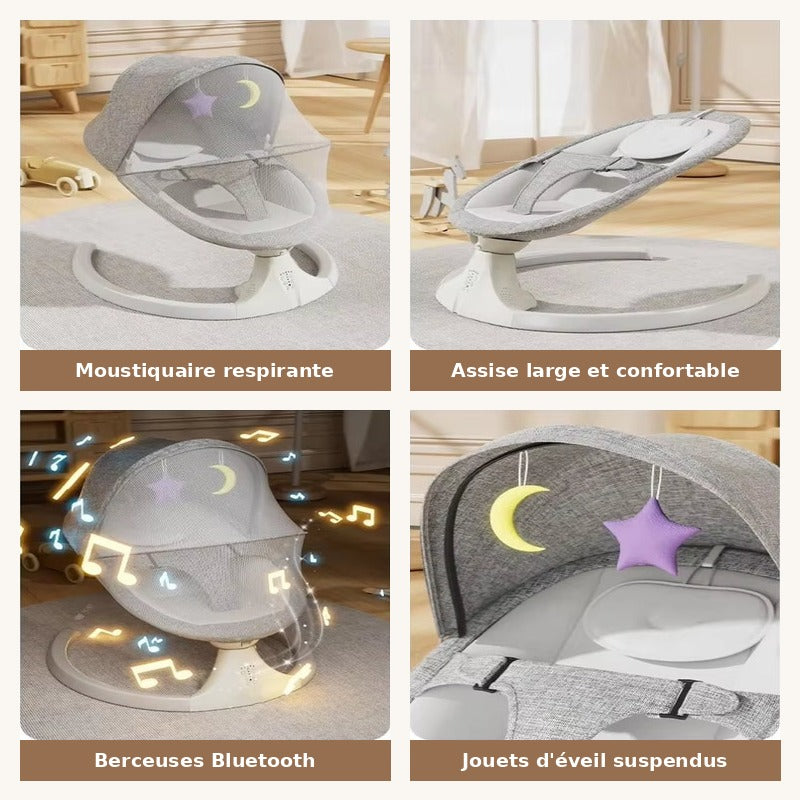 Balancelle bébé – moustiquaire, assise large, berceuses Bluetooth et jouets d'éveil