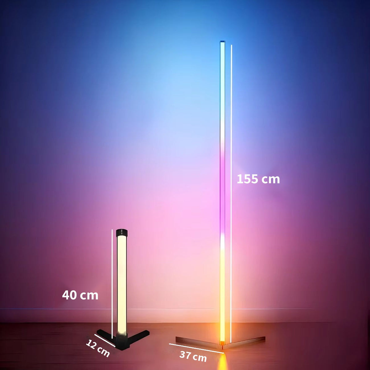 Lampe d'angle LED en 2 tailles : 40 cm et 155 cm, dimensions des pieds