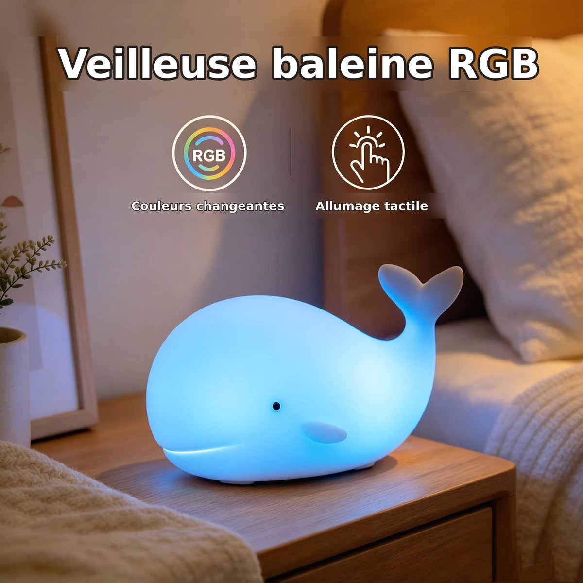 Veilleuse LED baleine en silicone, lumière multicolore